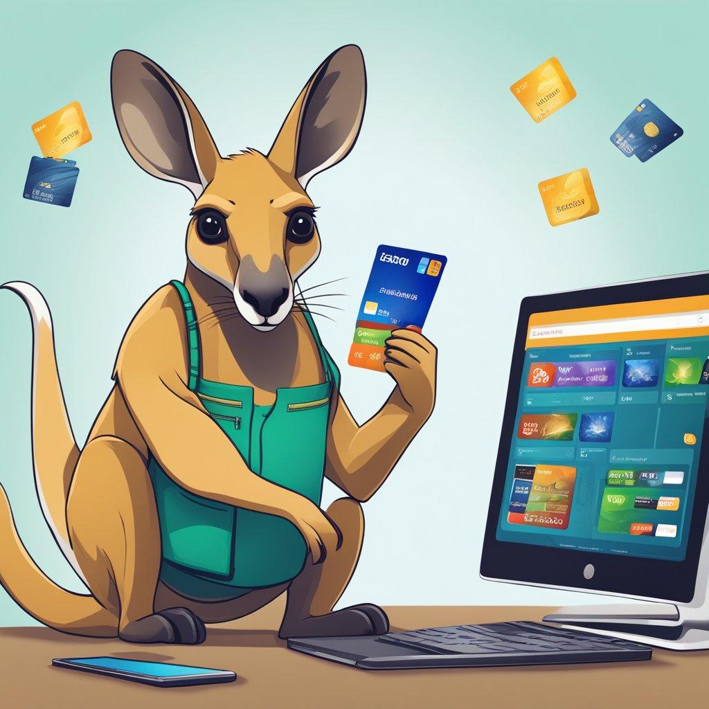 A kangaroo with a pouch full of credit cards and digital wallets, standing in front of a computer screen showing an online casino website