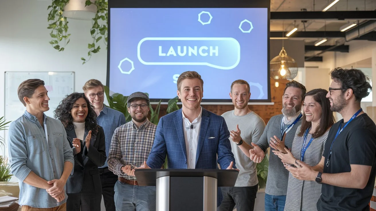 An entrepreneur launching a No-Code AI app, with a celebratory “Launch” button and excited team members.