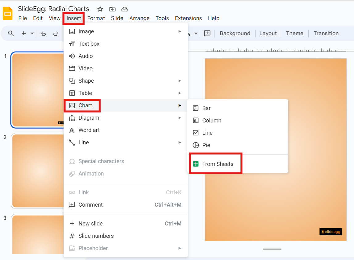 Insert > Chart > From Sheets Option in Google Slides to draw Radial Charts