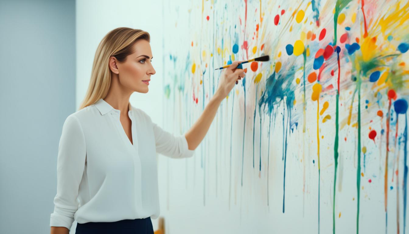 A person standing in front of a blank canvas with a paintbrush in hand, visualizing their desired financial abundance using the "I remember when" technique. They have a focused and determined expression on their face as they imagine their life with unlimited wealth and success. The room around them is dimly lit, emphasizing the power of their imagination and inner vision.