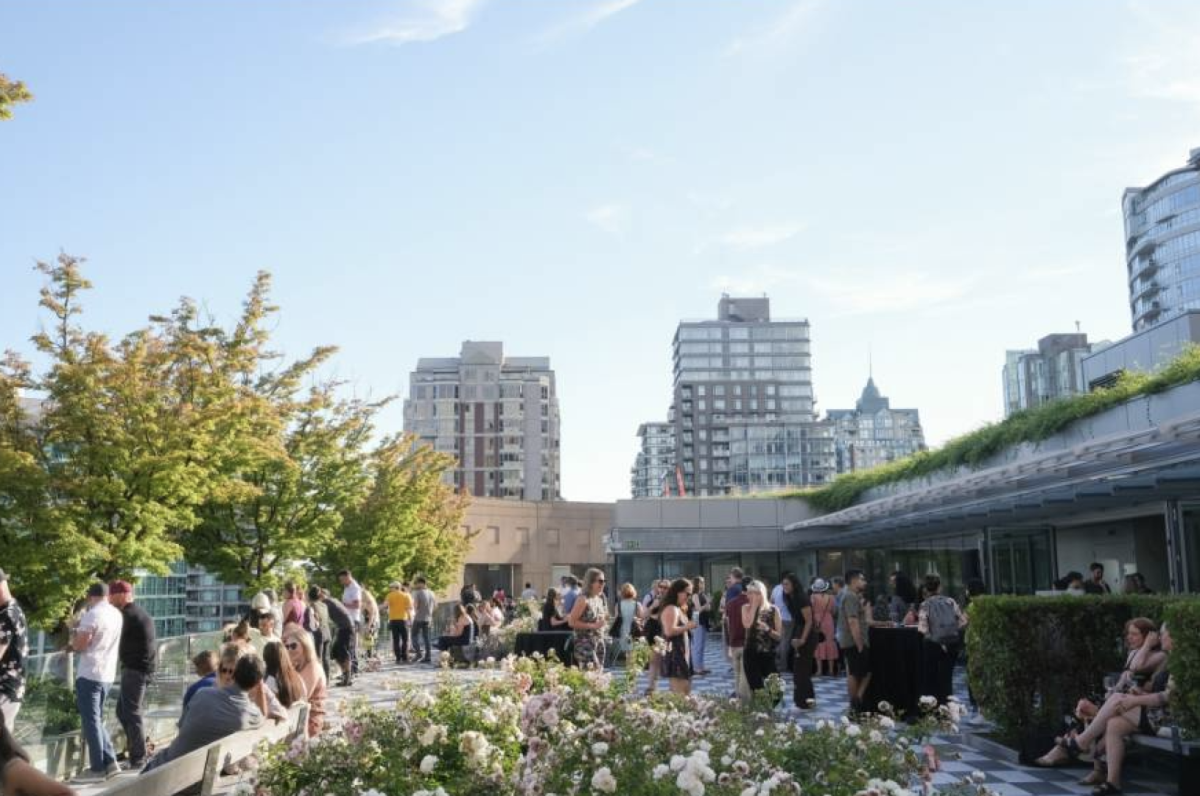 People congrgate on the rooftop of the Vancover Public Library's downtown branch