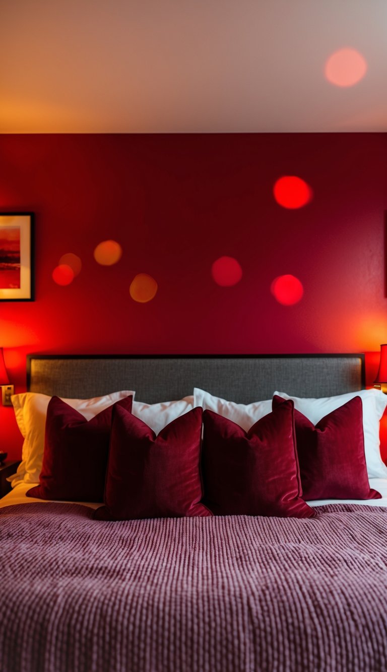 A cozy red bedroom with maroon throw pillows on a bed, surrounded by warm lighting and rich, red accents