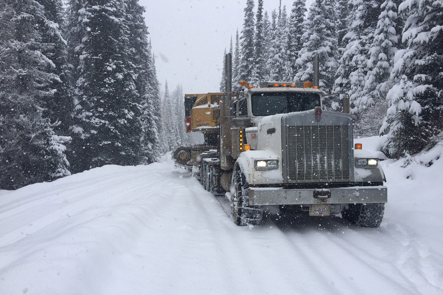 A Kenworth truck hauling heavy equipment through a snow-covered forest road during an active snowfall. The truck's headlights and rugged design highlight its ability to navigate harsh winter conditions, essential for plowing and road maintenance.