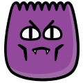 purple secret tiktok emoji with small fangs and grumpy face