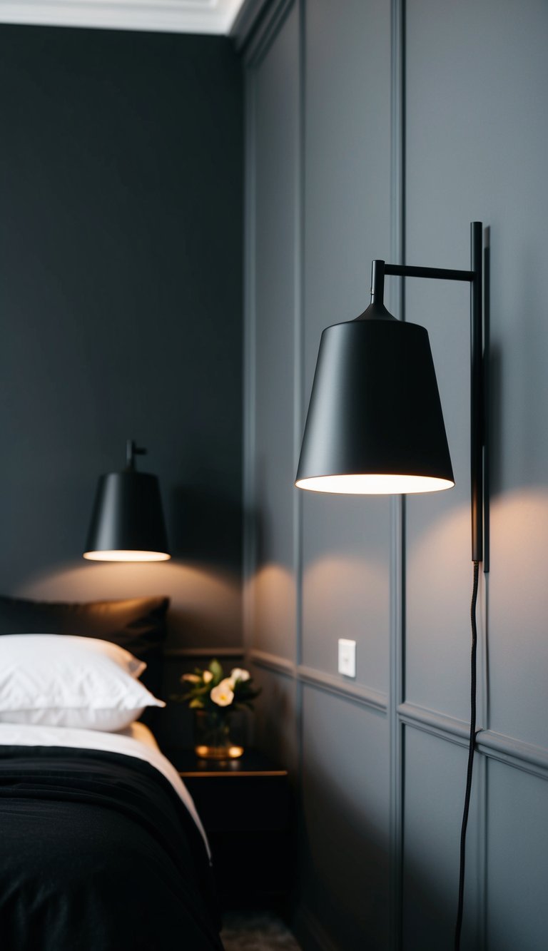 Two matte black wall lamps illuminate a stylish black and gray bedroom