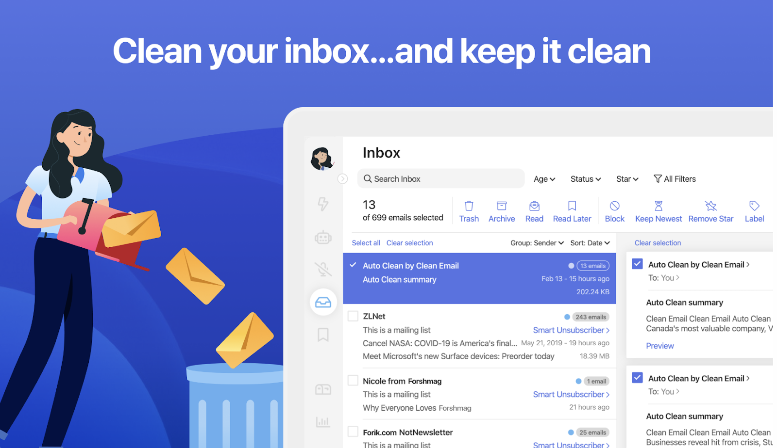 Clean Email’s auto clean feature to get rid of unwanted emails