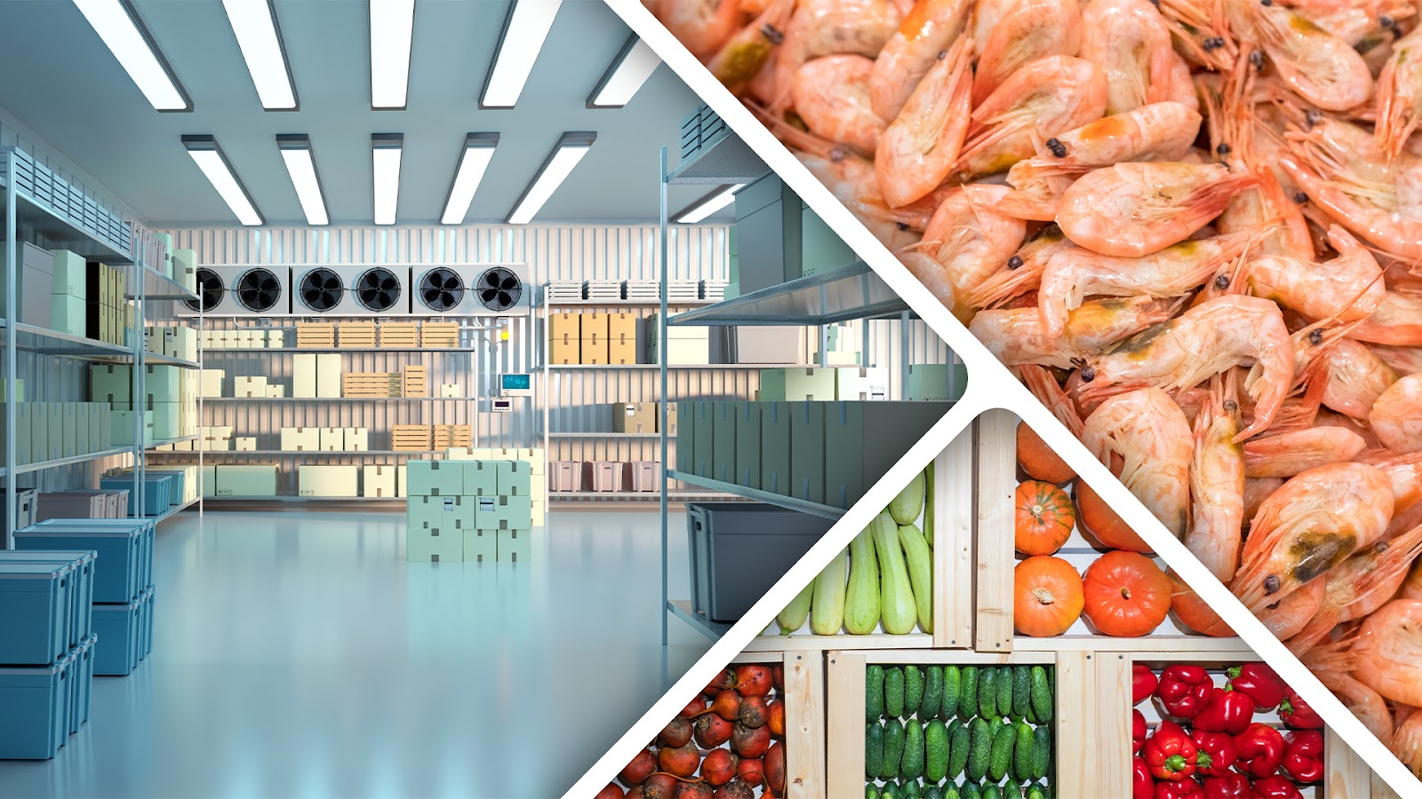 Collage of images showing a cold storage warehouse and fresh produce like shrimp and vegetables.