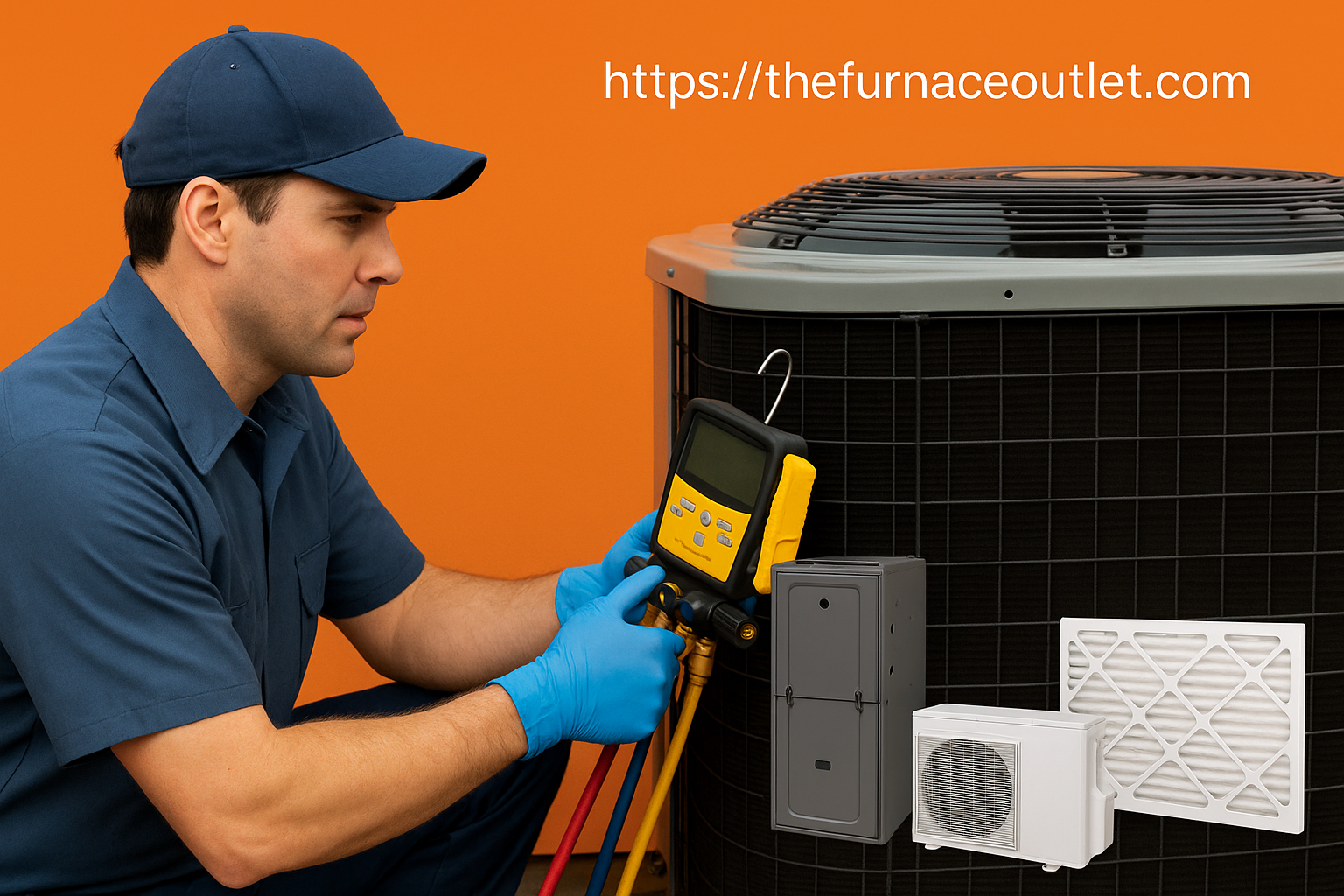 A promotional digital photograph for The Furnace Outlet shows an HVAC technician tuning an outdoor AC unit with a yellow gauge, alongside a furnace, mini-split system, and air filter, all set against an orange background with thefurnaceoutlet.com branding