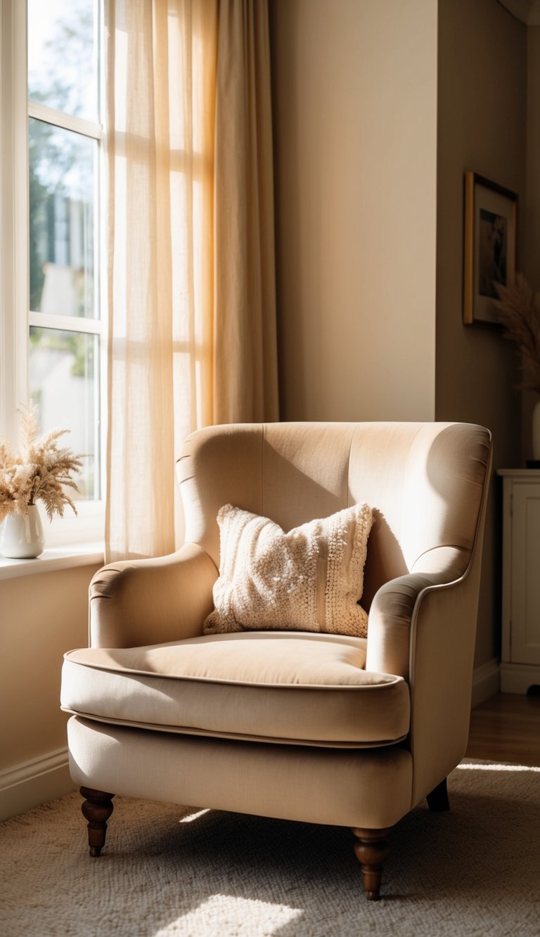 A beige velvet armchair sits in a cozy living room with warm, neutral tones. Sunlight streams in through the window, casting a soft glow on the furniture and decor