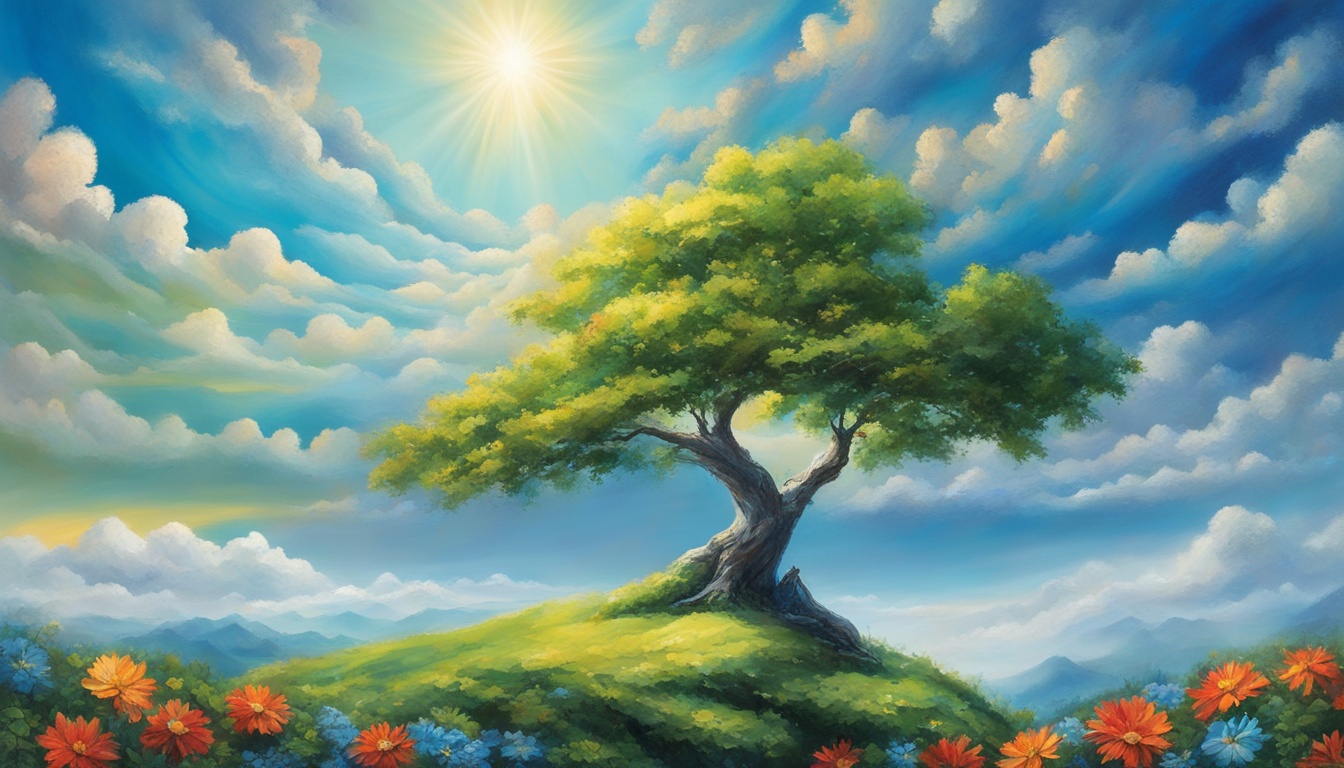 An image depicting a person standing at the edge of a cliff with arms outstretched, looking up towards the sun and feeling a sense of abundance and positivity. The sky is a brilliant shade of blue with fluffy white clouds, and there are vibrant green trees and flowers all around, symbolizing growth and renewal. The person's body language exudes confidence and a belief in their ability to manifest their dreams into reality. The overall mood of the image should be one of hope, joy, and unwavering faith in the power of the universe to bring forth one's desires.