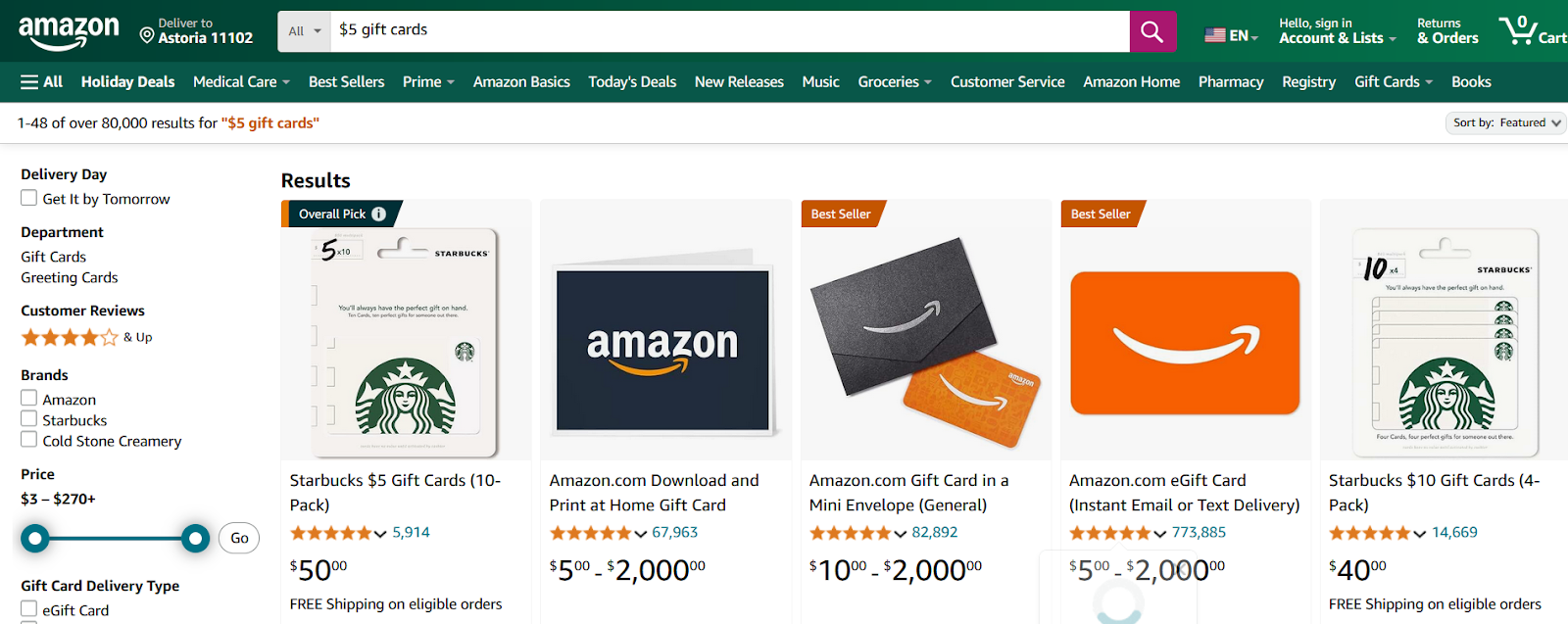 Gift cards on Amazon