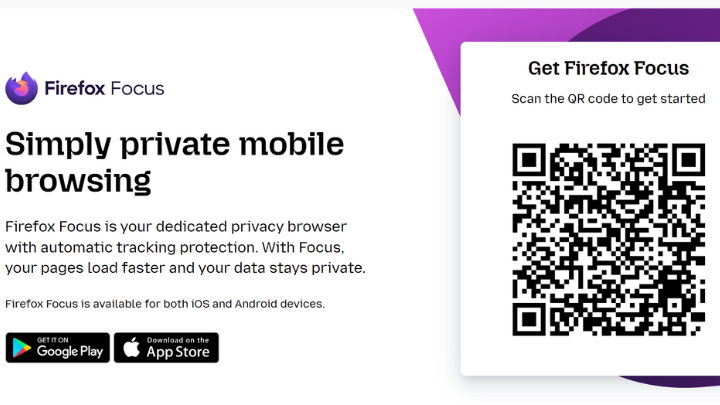 Firefox Focus on Mozilla's official website, showing options to download and get started