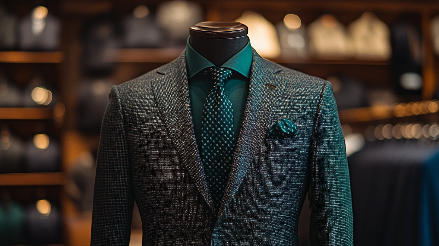 A mannequin wearing a dark gray suit with a deep green shirt, styled for an elegant evening event. The outfit includes a dark green tie with a subtle pattern, a sleek pocket square, and black leather Oxford shoes. The setting is a high-end fashion store with a refined, sophisticated atmosphere.