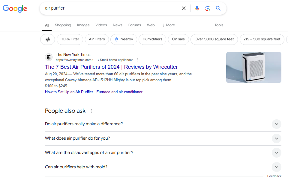  Google displays the People Also Ask feature for a singular keyword “air purifier”.