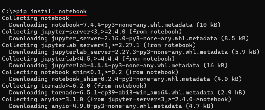 Terminal installing Jupyter Notebook using pip install notebook