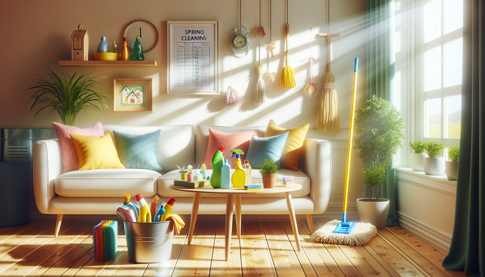 A colorful illustration of a clean and organized home ready for spring cleaning.