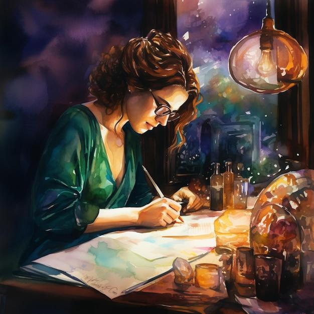 Painting of a woman writing in a book at a desk generative ai | Premium  AI-generated image