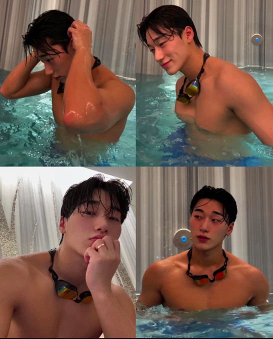 This contains an image of ATEEZ's San in a swimming pool