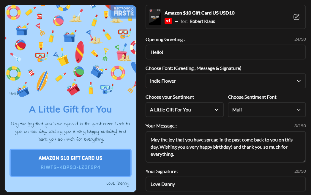 Personalised Amazon Gift Card on Electronic First