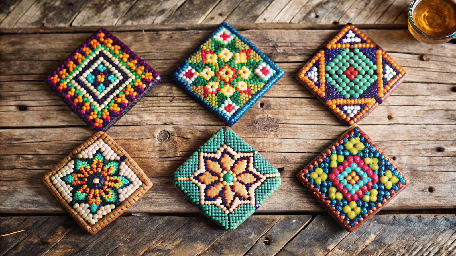 Porta-copos decorados com padrões geométricos de miçangas coloridas em uma mesa de madeira.