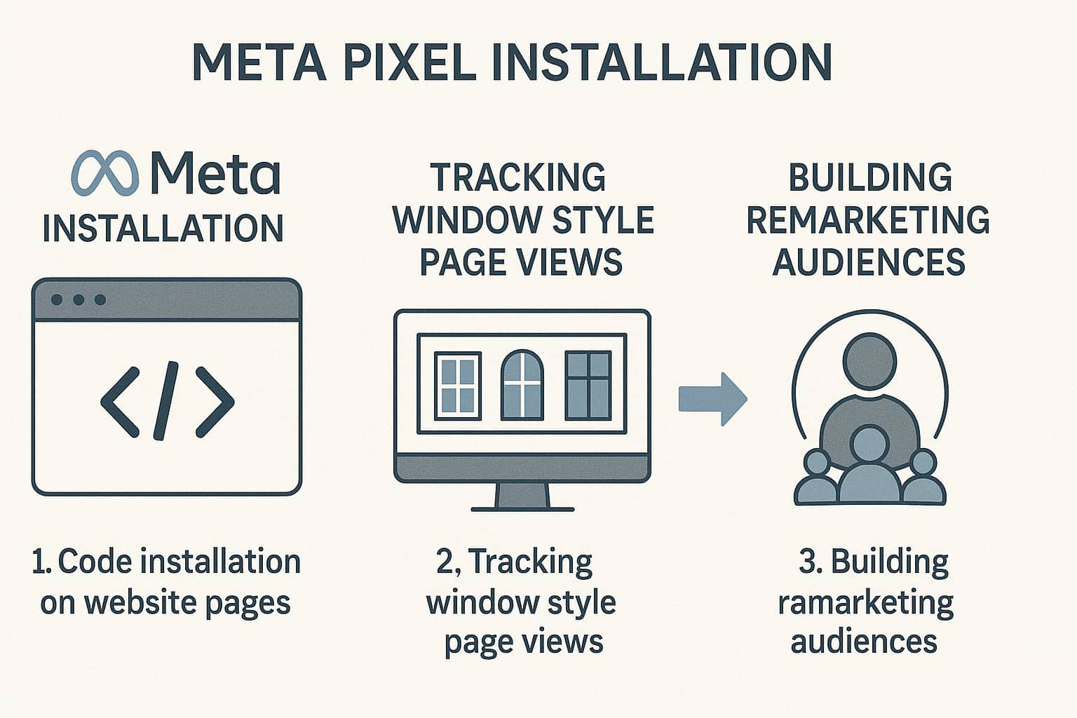 Meta Pixel setup process for tracking window installation website visitors and creating remarketing audiences.