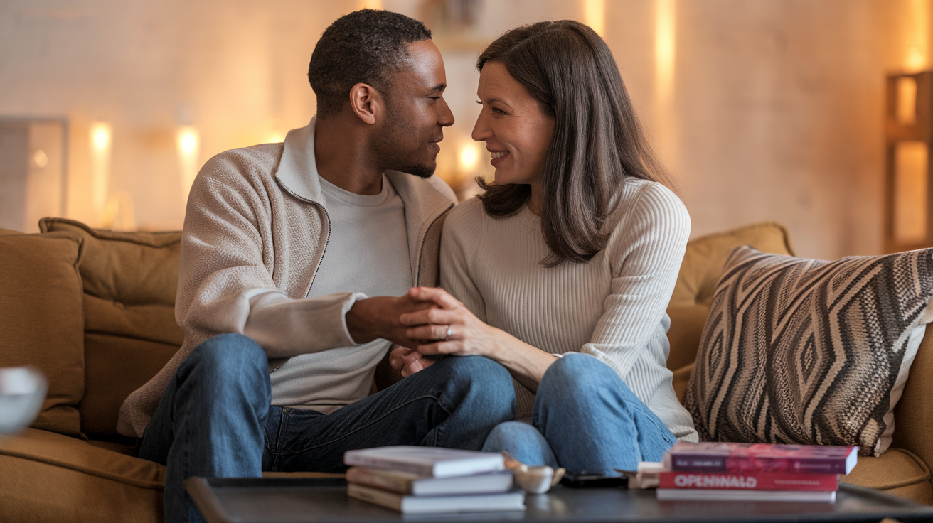 Create a realistic image of a diverse couple, a black man and white woman in their 30s, sitting close together on a couch having an intimate conversation, with soft warm lighting creating a comfortable atmosphere, their body language suggesting openness and connection, with subtle visual elements like relationship books or journals on a coffee table nearby, conveying the theme of communication about sexual values and attitudes.