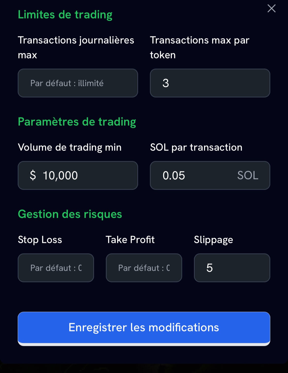 Paramètres copy trading