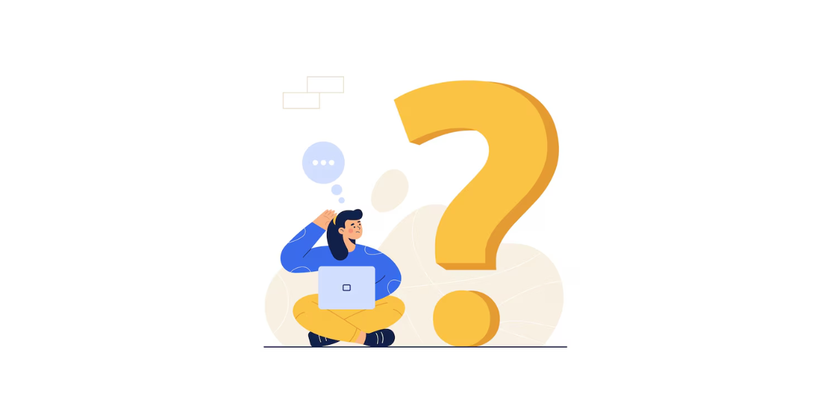 Illustration of a girl sitting with a laptop, thinking of FAQs.