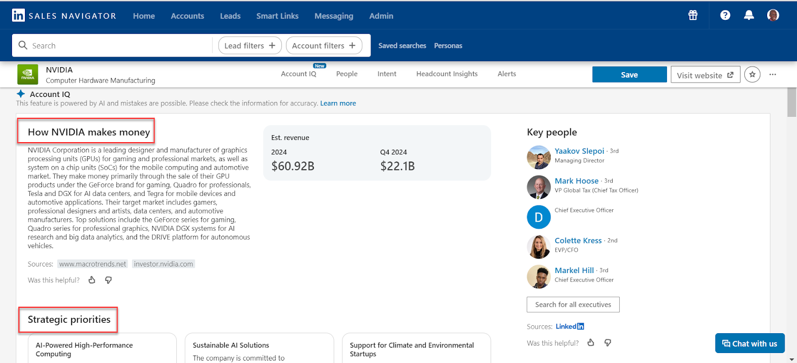 LinkedIn Sales Navigator Account IQ page for NVIDIA, detailing how the company makes money, strategic priorities, estimated revenue, and key people. The page highlights company details, financial metrics, and important contacts within the organization.