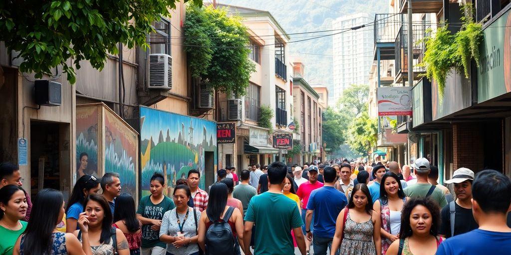 Scène urbaine animée de Medellin animée avec des habitants. 