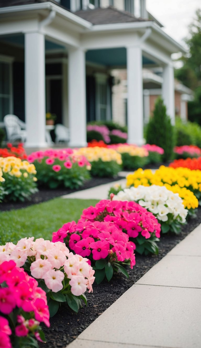 21 impatiens flower beds line the front of the house