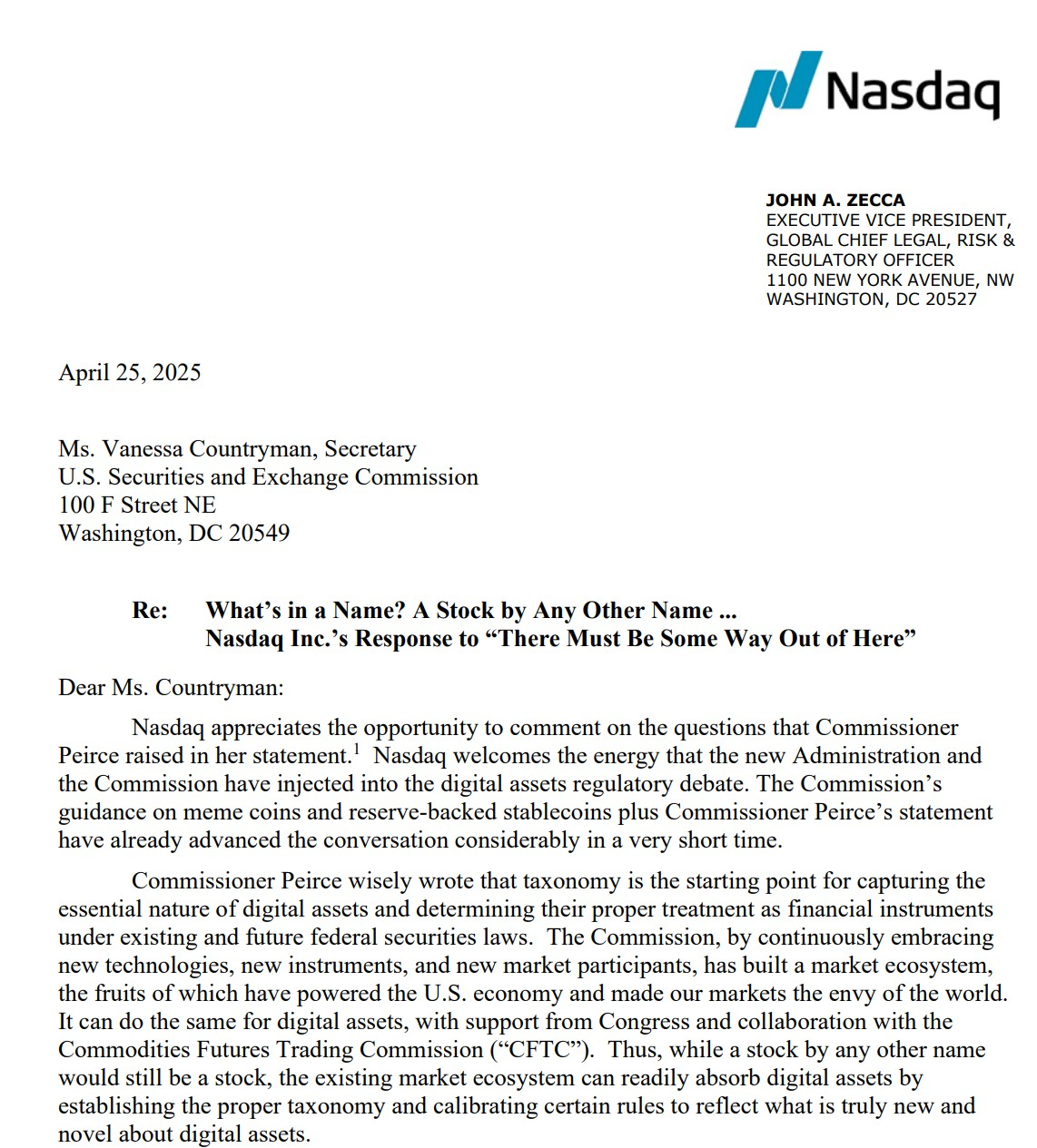 Nasdaq’s April 25 letter to the SEC. Source: Nasdaq