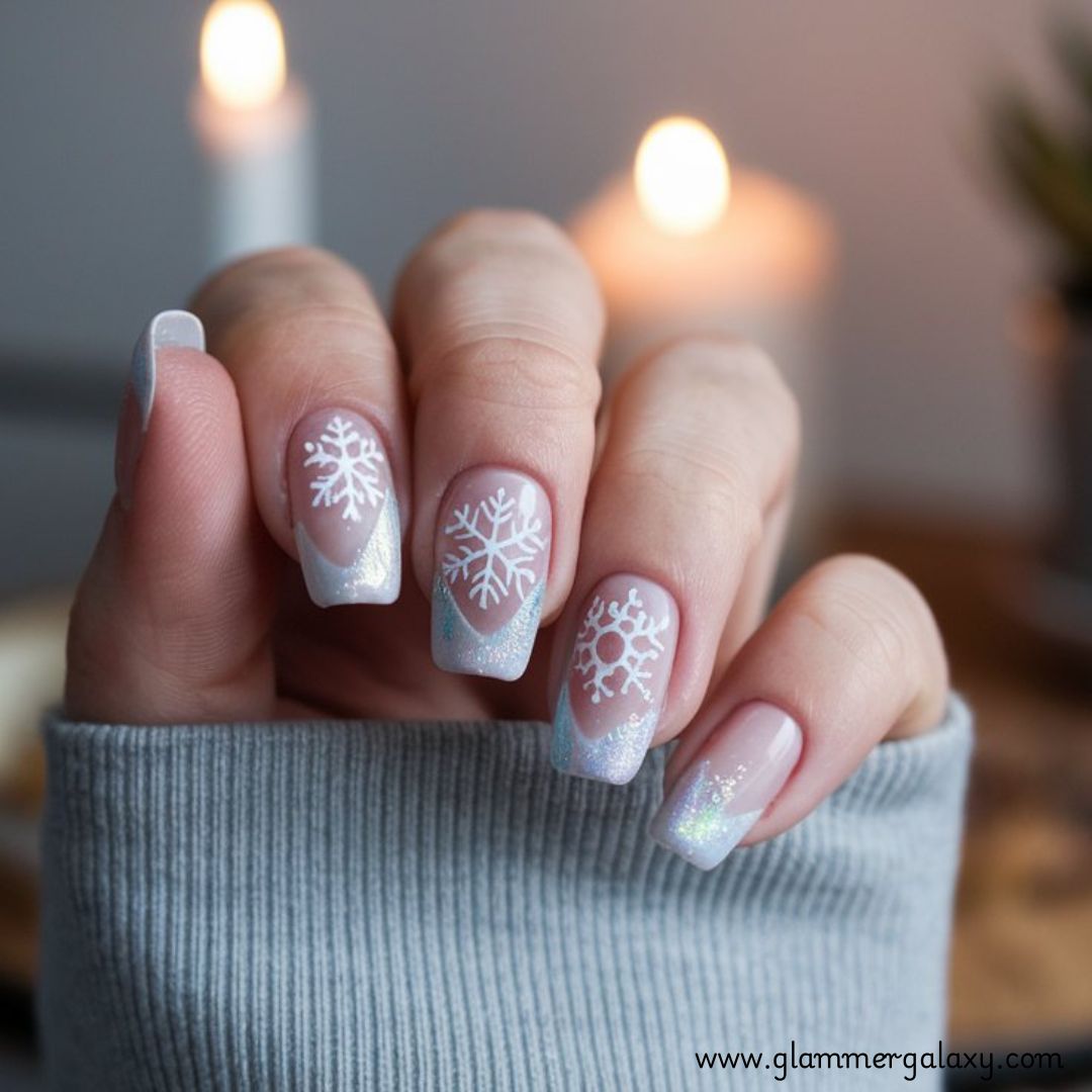 Snowflake Nails having Coffin Shaped Winter Nail Art
