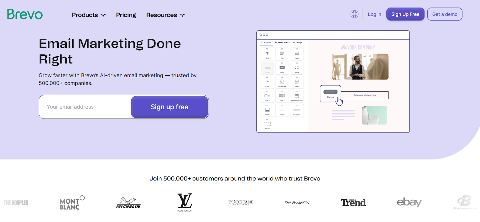 Screenshot of Brevo's PPC product landing page for email marketing platforms showing brand logos for trust