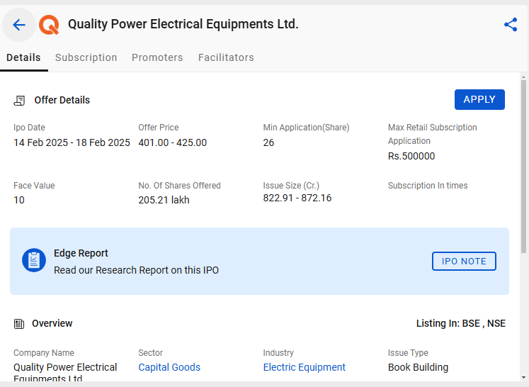 Quality power ipo details