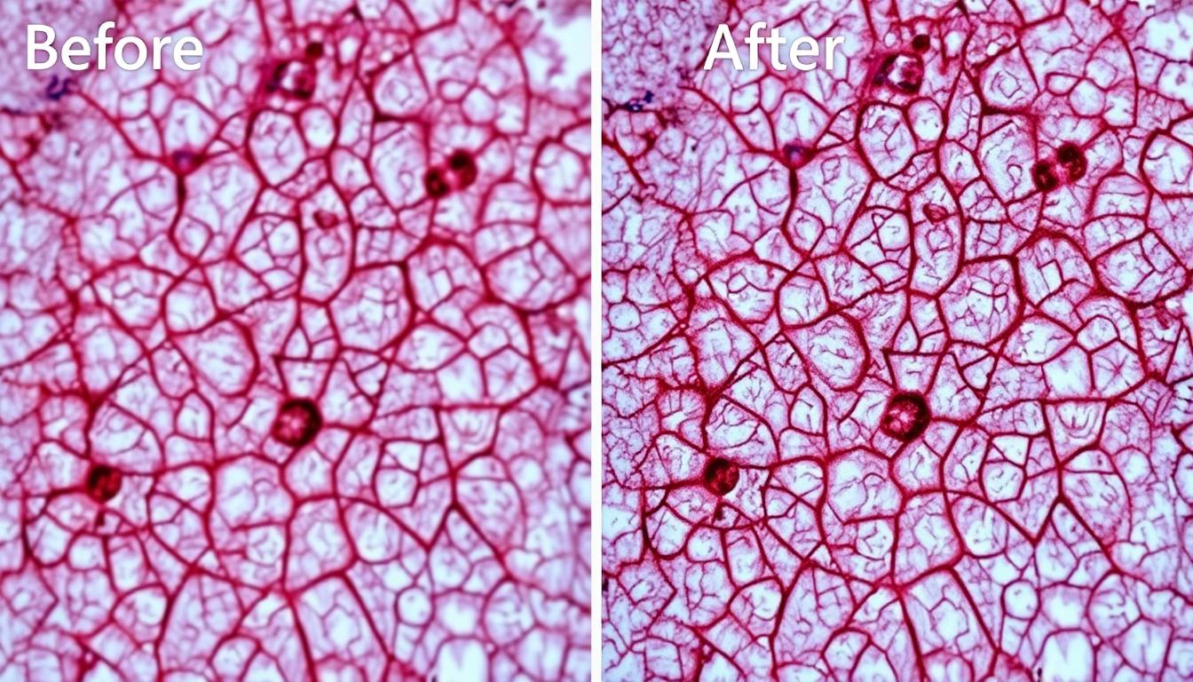 Before and after microscopic images showing skin firmness improvement with sandalwood treatment