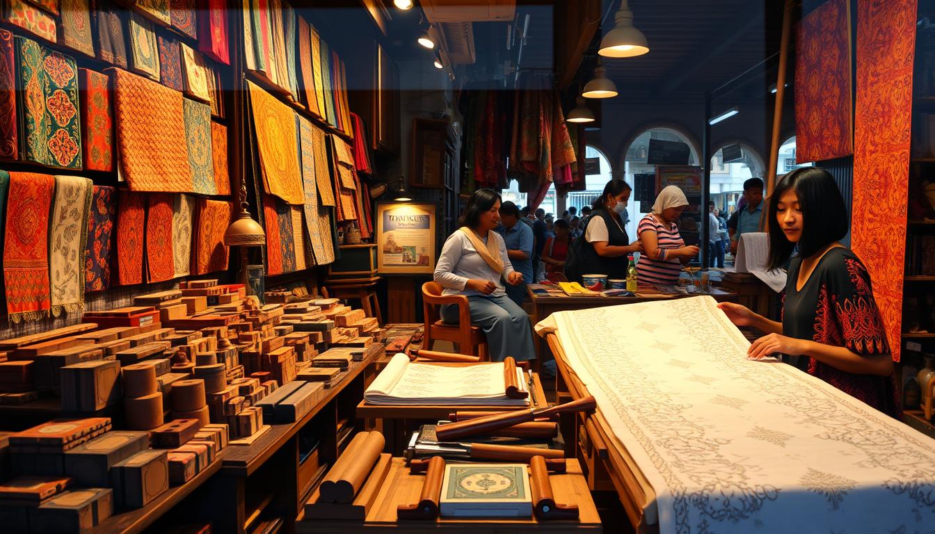 A well-lit storefront showcasing an array of vibrant, intricate batik fabrics in a traditional Malaysian setting. The foreground features a display of batik wax blocks, rollers, and other traditional batik-making tools. In the middle ground, skilled artisans demonstrate the wax-resist dyeing process, their hands deftly applying wax patterns onto pristine white cloth. The background depicts a bustling market scene, with shoppers perusing the colorful textiles and local vendors offering a variety of Malaysian handicrafts. Warm, diffused lighting casts a golden glow, heightening the sense of cultural authenticity and craftsmanship.