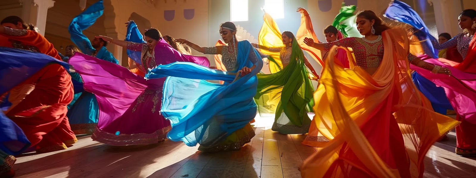 a vibrant bollywood dance studio filled with colorful costumes, energetic dancers, and swirling movements capturing the essence of cultural expression and energetic movement.