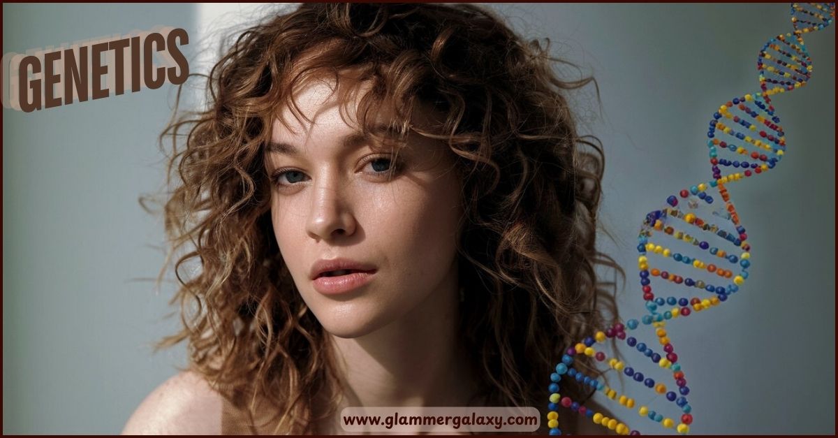 Side-by-side image of curly hair and DNA strand, titled “Genetics: The Foundation Of Your Hair Type.”