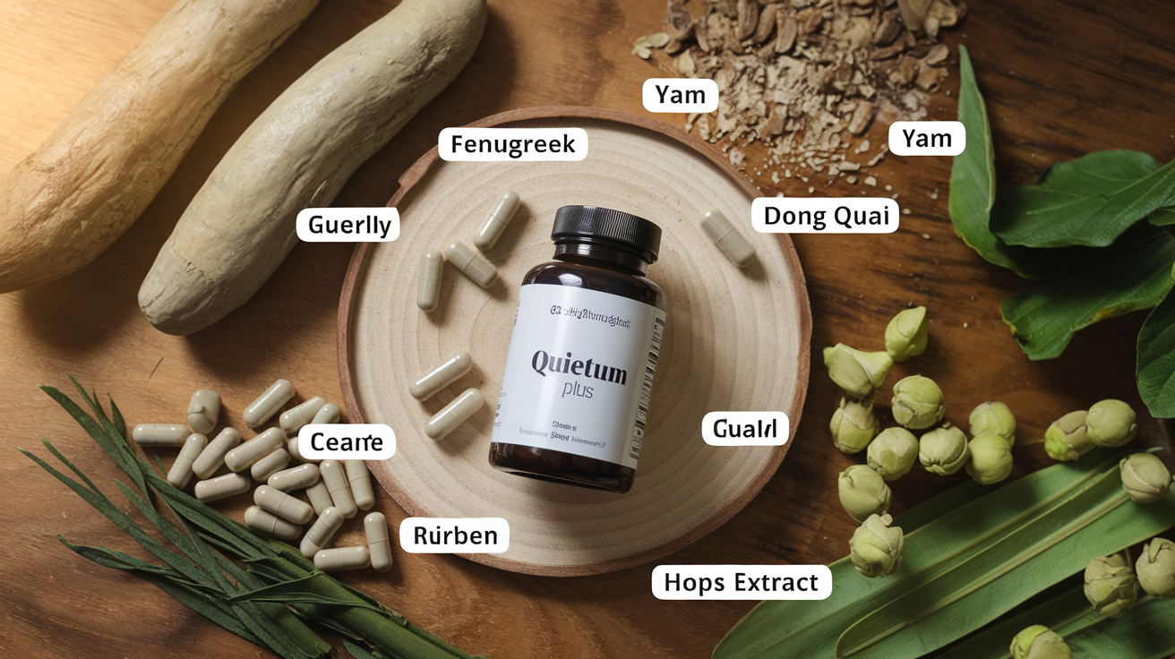 Create a realistic image of a wooden table with an open bottle of Quietum Plus supplements, with some capsules scattered nearby, surrounded by its natural herbal ingredients like yam, fenugreek, dong quai, and hops extract, each labeled clearly, with a soft warm lighting highlighting the ingredients, conveying a natural health supplement theme.