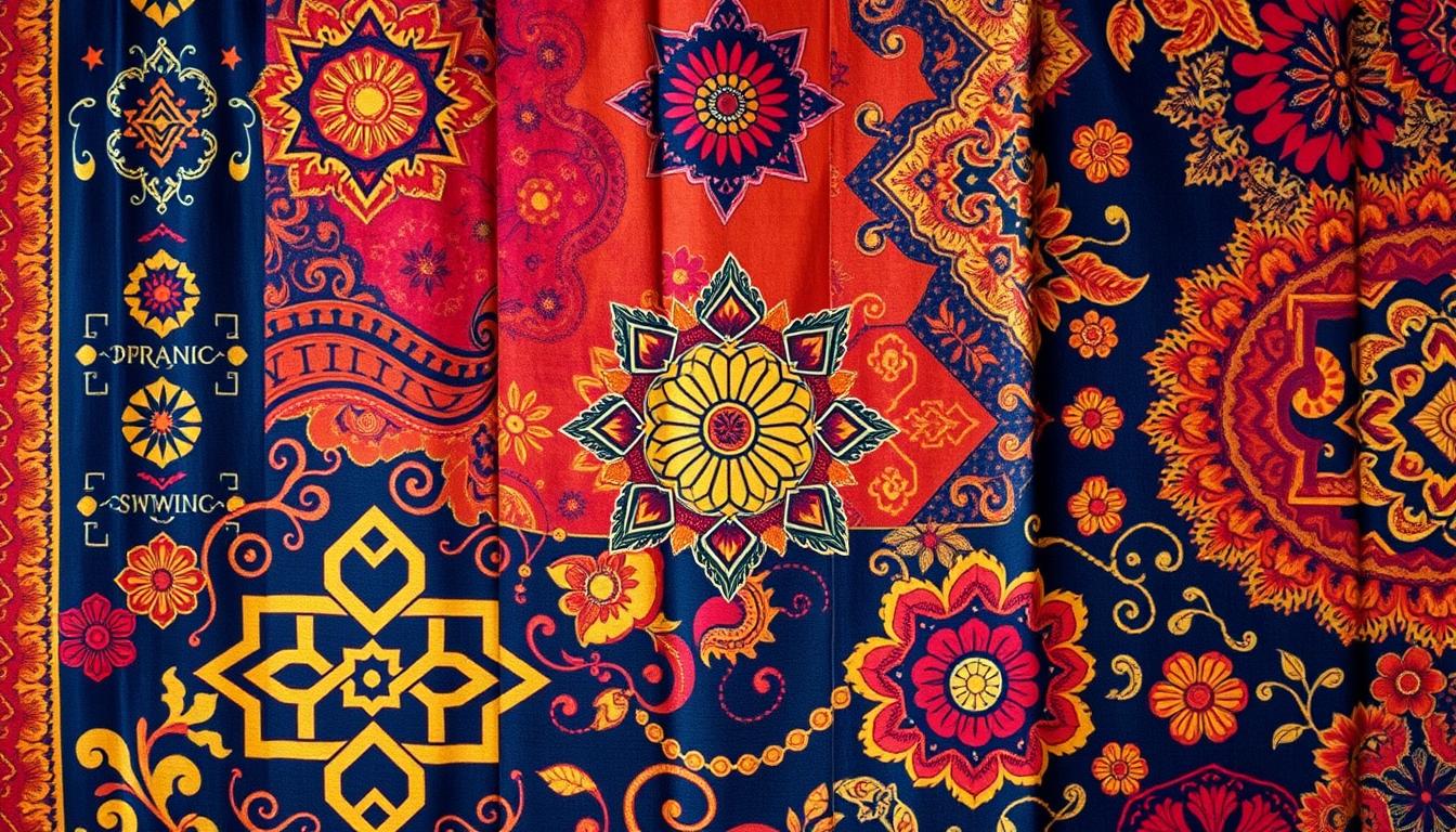 A vibrant tapestry of intricate Malaysian batik patterns, showcasing the rich symbolism and cultural heritage of the region. The foreground features a central motif of interlocking geometric shapes and flowing floral designs, infusing the image with a sense of balance and harmony. The middle ground reveals a mix of traditional batik techniques, including the iconic &quot;parang&quot; and &quot;kawung&quot; patterns, each imbued with deep cultural significance. The background subtly blends hues of deep indigo, earthy ochre, and vibrant crimson, creating a mesmerizing interplay of colors that evoke the essence of Malaysian artistry. The lighting is soft and diffused, highlighting the delicate textures and intricate detailing of the batik, inviting the viewer to immerse themselves in the captivating visual narrative.