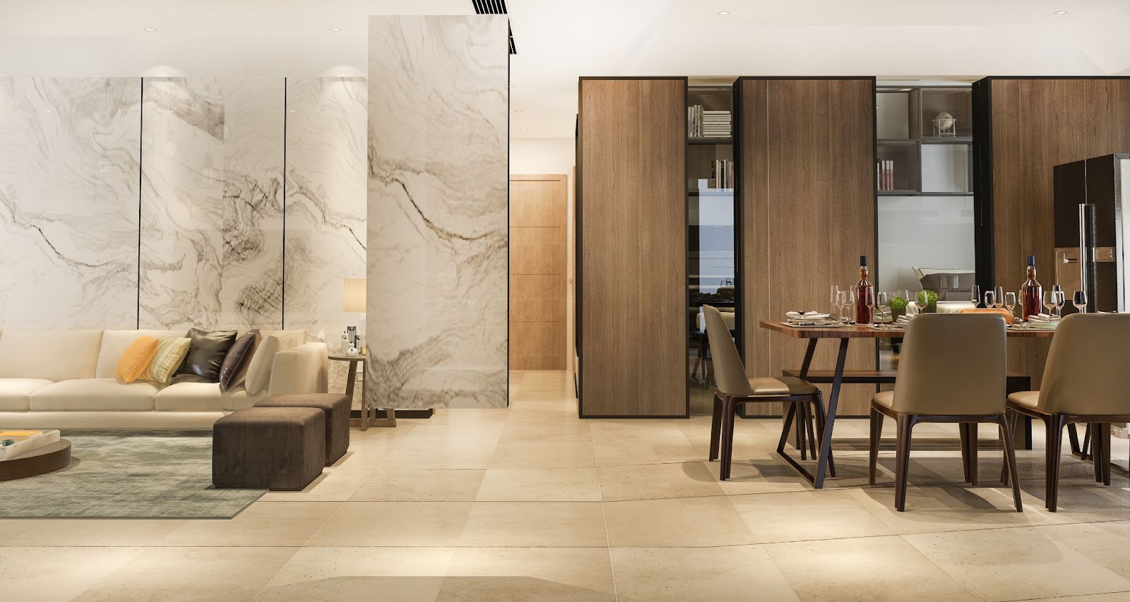 Harmonious blend of plywood and fiberboard materials in Bangalore luxury living room by Elegante Interiors