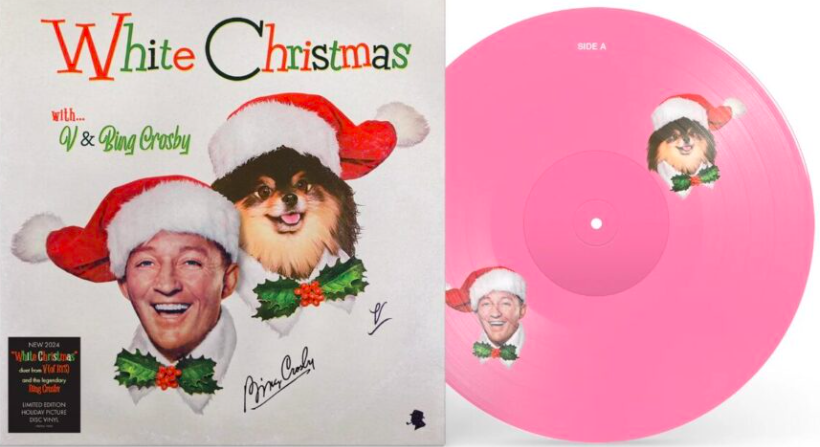 This contain an image of  Holiday Picture Disc with V's beloved pet Yeontan in festive designs