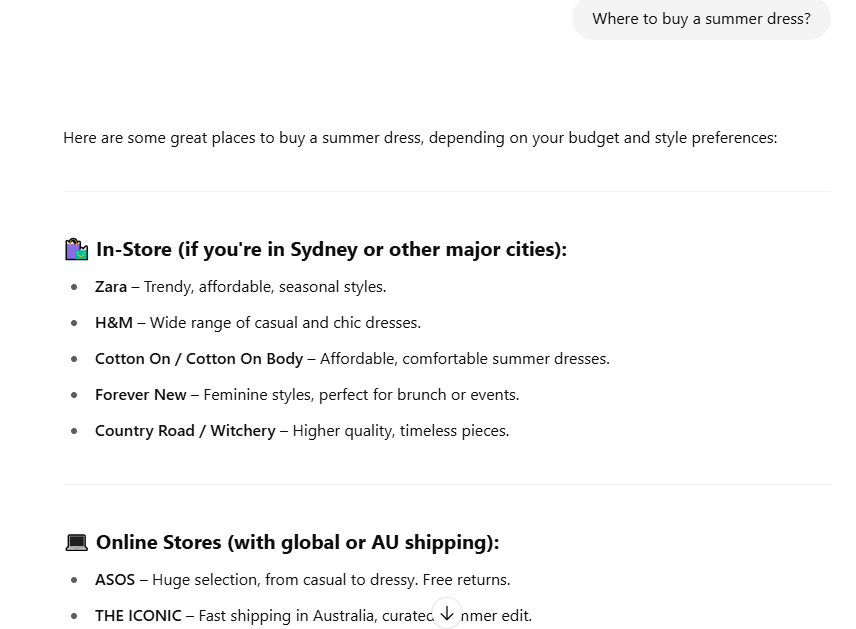 Chatgpt answer for the  “Where to buy a summer dress?” query