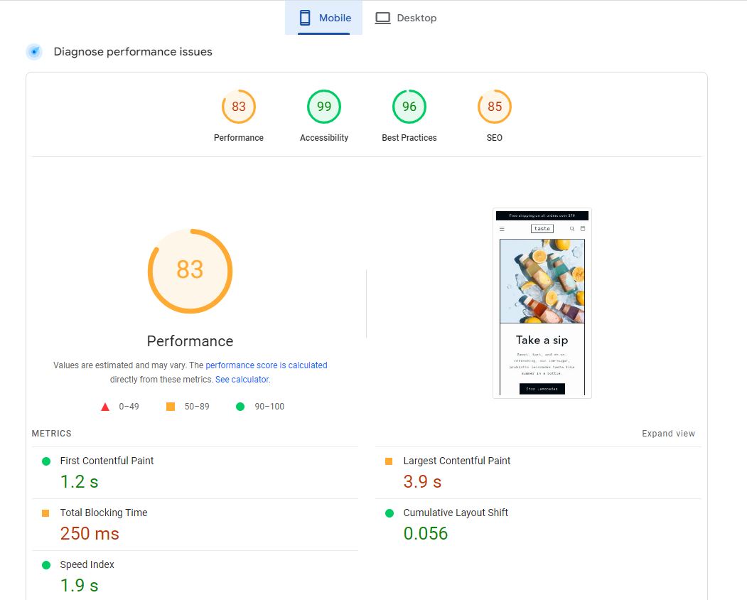 Speed ​​of Shopify Taste Theme on Mobile