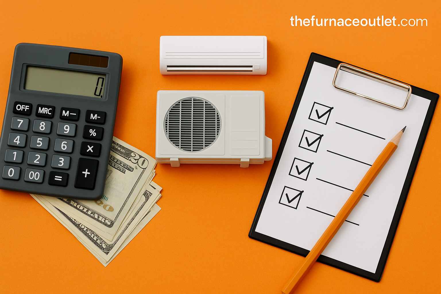 A digital photograph with graphic elements depicts HVAC budgeting with a calculator, dollar bills, a mini-split air conditioner model, and a checklist clipboard on an orange background, featuring thefurnaceoutlet.com branding in the corner