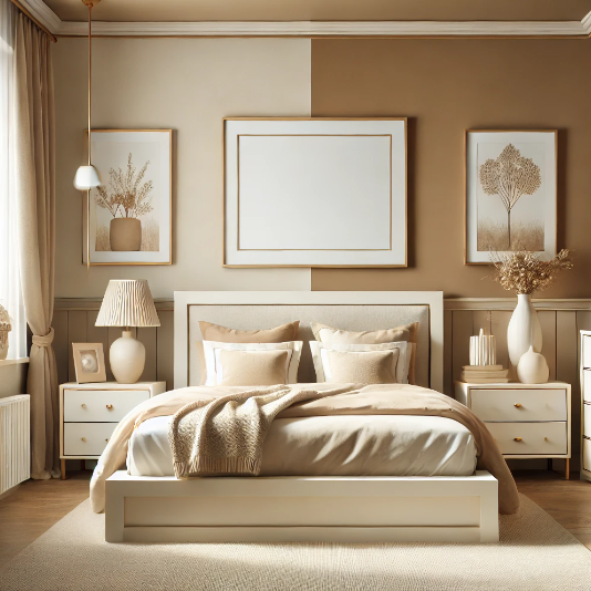 Bedroom painted in light brown and cream, reminiscent of a creamy latte.
