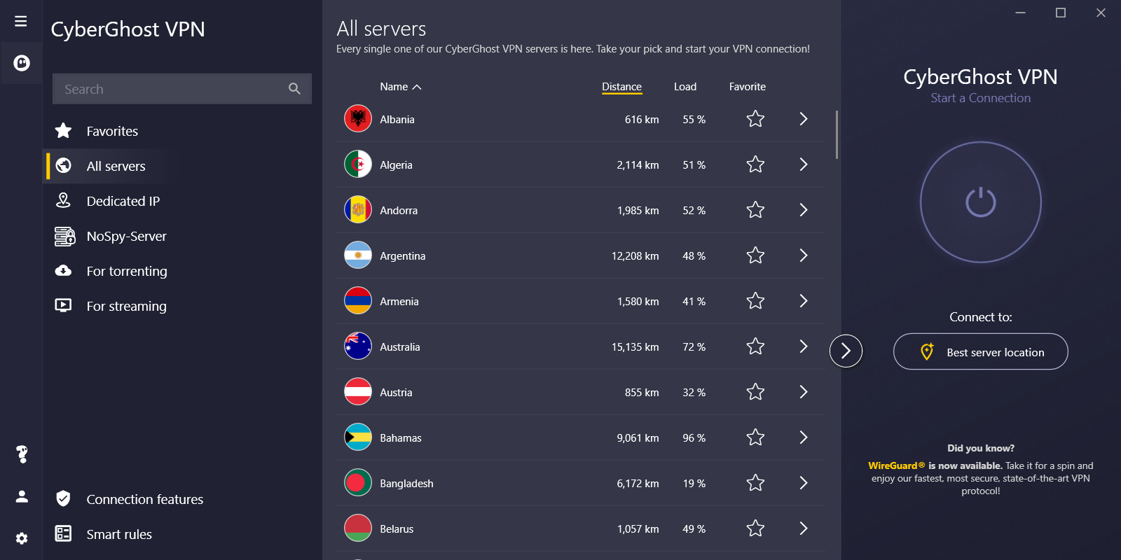 幅広いサーバー選択を示すCyberGhost VPN Windowsアプリのスクリーンショット