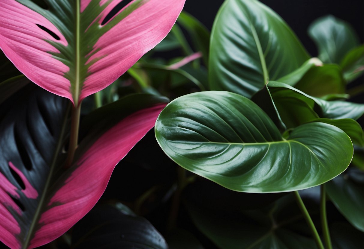 Lush green leaves of Philodendron Black Cherry contrast with the vibrant pink and green variegation of Pink Princess. Both plants stand side by side, showcasing their unique beauty