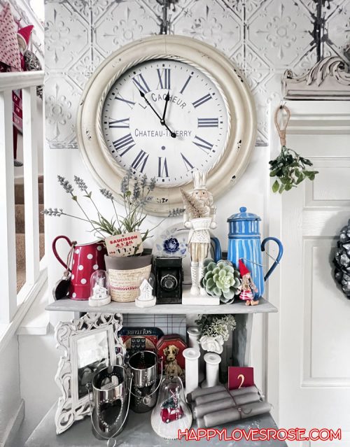 Hall clock and vintage christmas ornaments